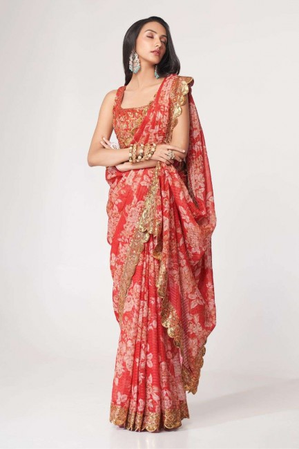 Red Sequins,embroidered,digital print Organza Saree