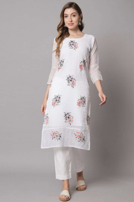White Georgette Embroidered Straight Kurti with Dupatta