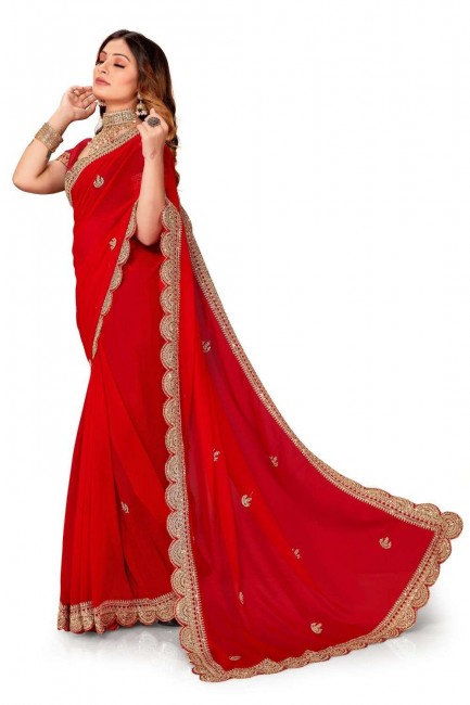 Georgette Saree in Embroidered Red with Blouse