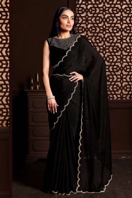 Black Wedding Saree with Stone Silk