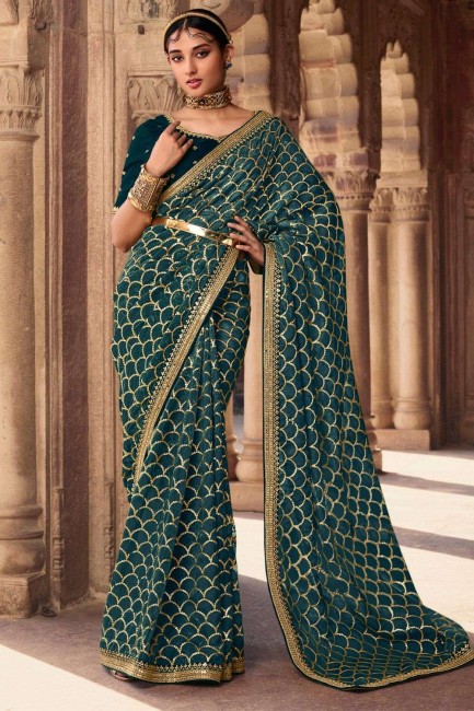Teal  Organza Saree with Embroidered