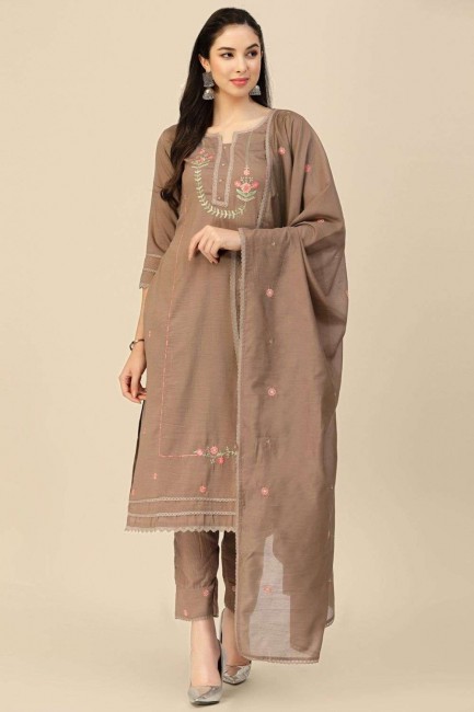 Embroidered Chinon chiffon Salwar Kameez in Brown with Dupatta