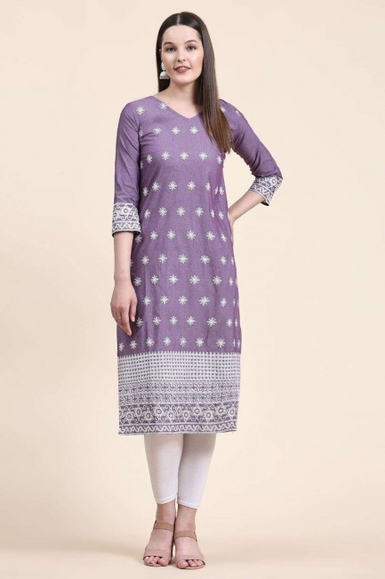 Embroidered Cotton Straight Kurti in Lavender  with Dupatta