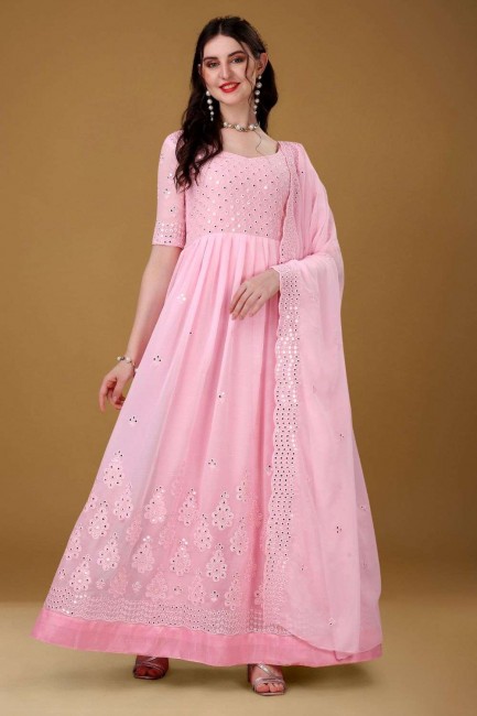 Pink Georgette Gown Dress with Embroidered
