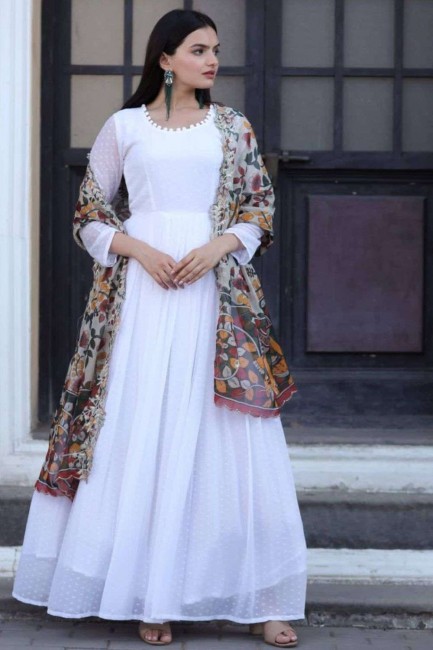 White Georgette Embroidered Gown Dress with Dupatta