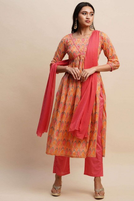 Cotton Orange Anarkali Suit in Printed