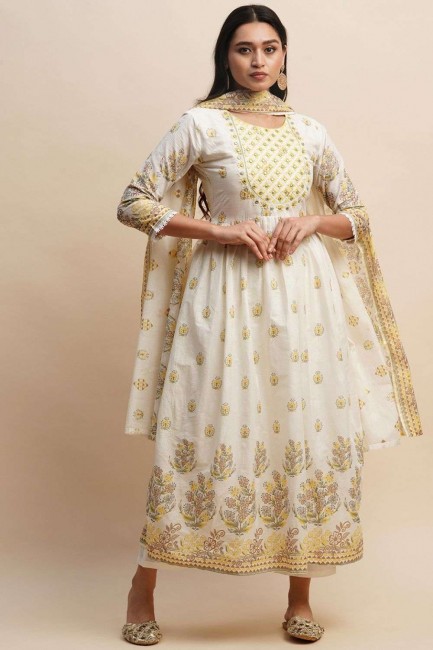 Printed Anarkali Suit in Yellow,white Cotton