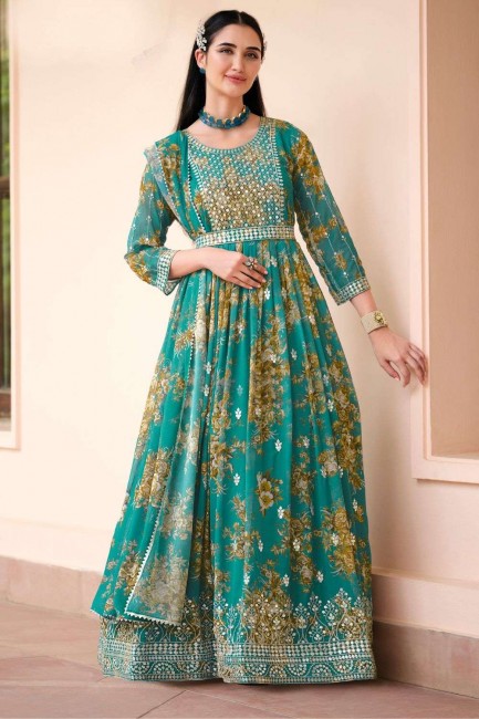 Anarkali Suit in Turquoise Georgette with Embroidered