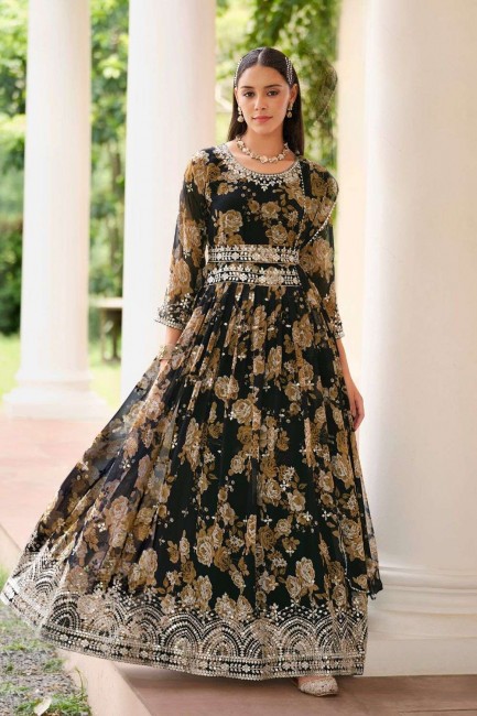 Anarkali Suit Georgette with Embroidered in Black