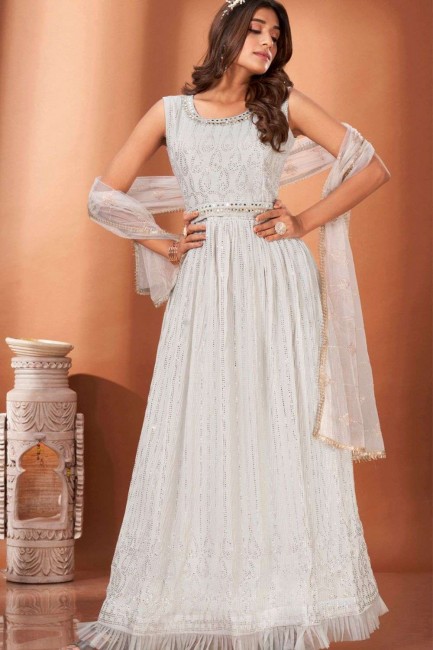 Mirror Georgette Gown Dress in White with Dupatta