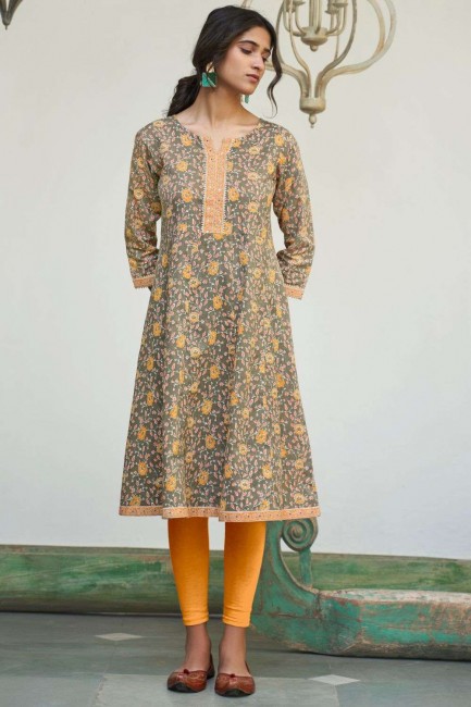 Cotton Frock Kurti in Grey with Printed