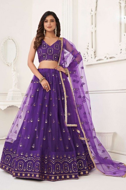 Net Wedding Lehenga Choli in Purple with Embroidered