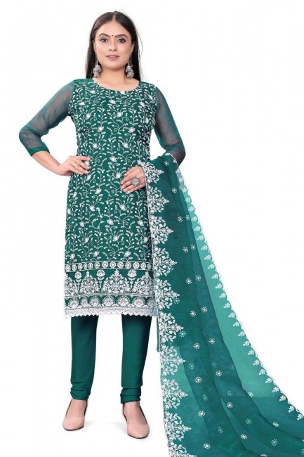 turquoise  Salwar Kameez with Embroidered Chanderi