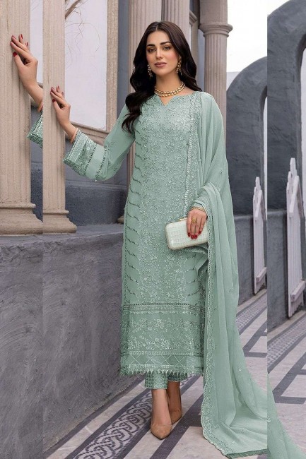 Salwar Kameez in Georgette Green with Embroidered
