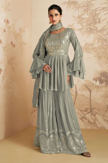 Embroidered Chinon chiffon Sharara Suit in Grey