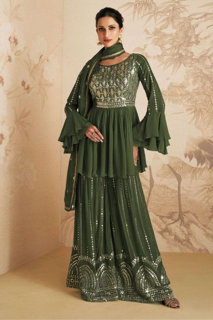 Mehndi green Chinon chiffon Embroidered Sharara Suit with Dupatta
