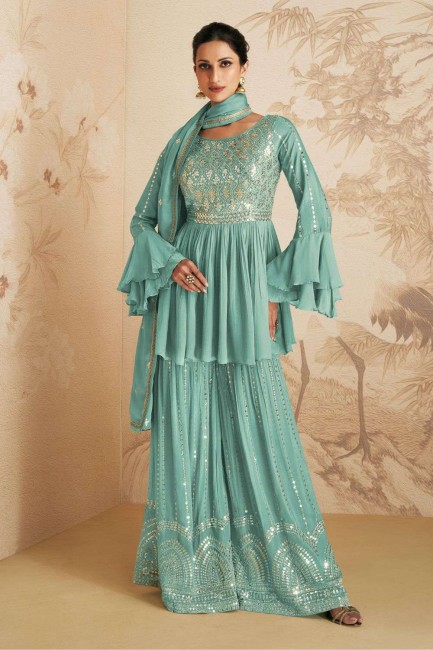 Sky  Embroidered Sharara Suit in Chinon chiffon