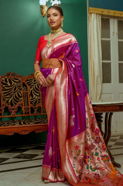 Purple Wedding Saree in Zari Silk