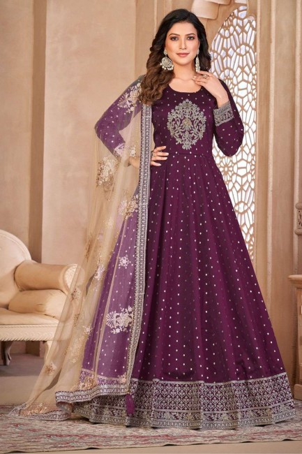 Embroidered Taffeta Anarkali Suit in Wine  with Dupatta