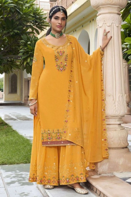 yellow Sharara Suit  georgette with Embroidered