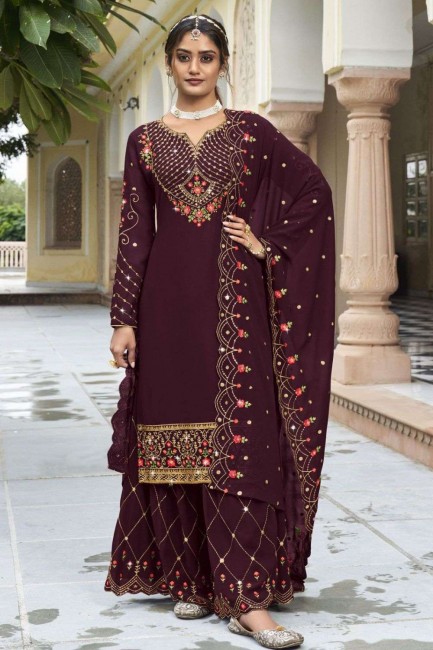 Georgette Sharara Suit with Embroidered in Purple
