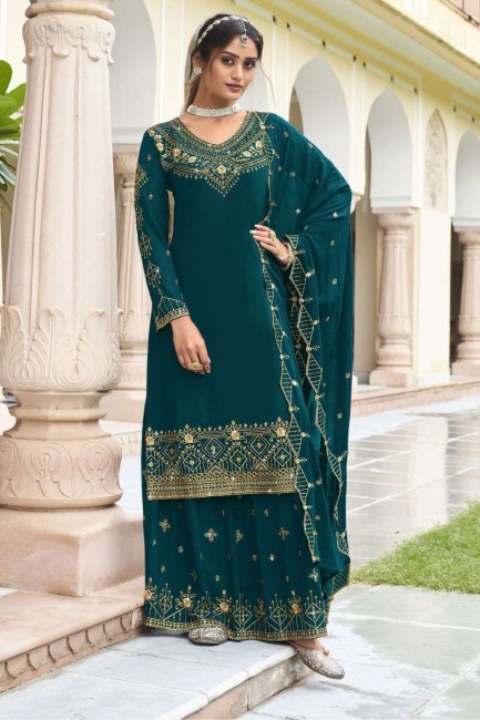 Blue Sharara Suit with Embroidered Georgette