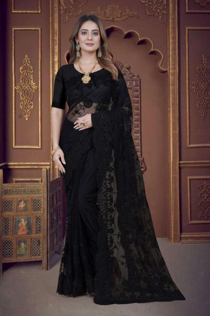 Net Saree with Embroidered in Black