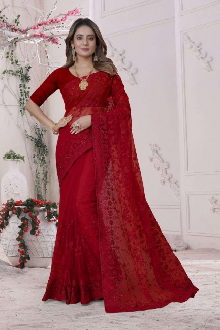 Embroidered Wedding Saree in Red Net