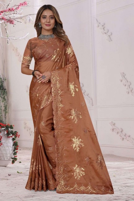 Rust brown Organza soft silk Saree with  Embroidered