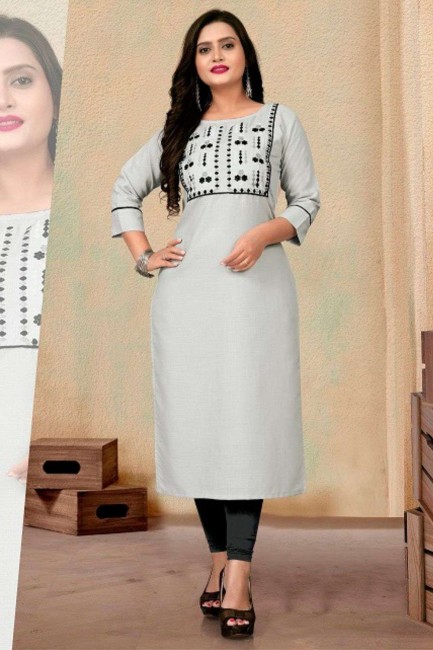 Embroidered Kurti in Grey Cotton