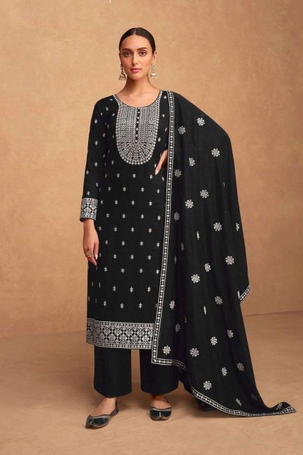 Black Silk Embroidered Palazzo Suit with Dupatta