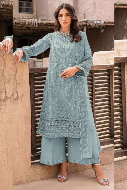Sky blue Embroidered Palazzo Suit in Organza