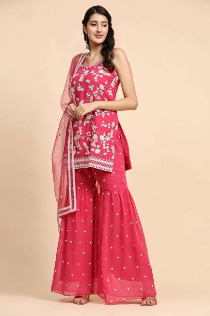 Georgette Sharara Suit with Embroidered