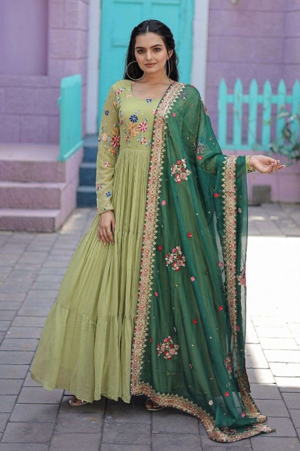 Embroidered Gown Dress in Pista green Faux georgette