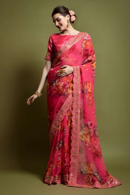 Embroidered Georgette Pink Saree