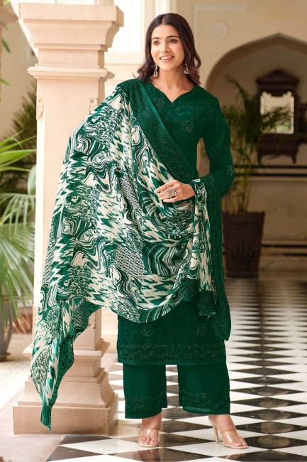 Embroidered Georgette Straight Pant Suit in Green with Dupatta