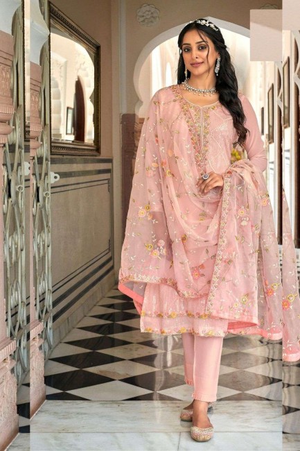 Georgette Pink Straight Pant Suit in Embroidered