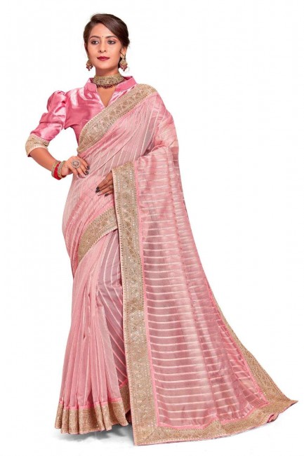 Saree in Pink Tissue with Embroidered