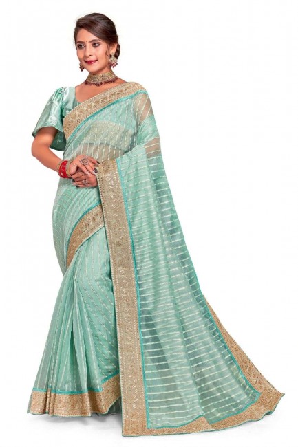 Embroidered Tissue Saree in Sky blue with Blouse