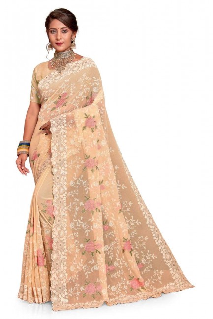 Embroidered Georgette Saree in Lemon yellow