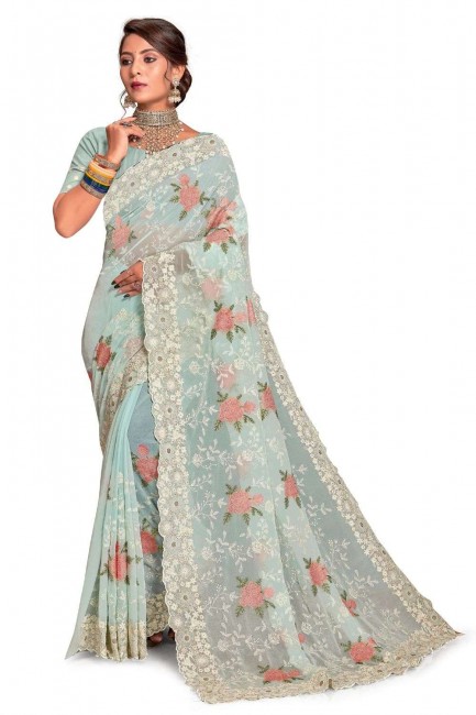 Embroidered Georgette Mint  Saree with Blouse
