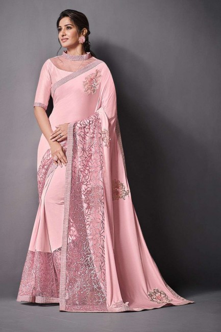 Lycra Saree in Pink with Sequins,embroidered