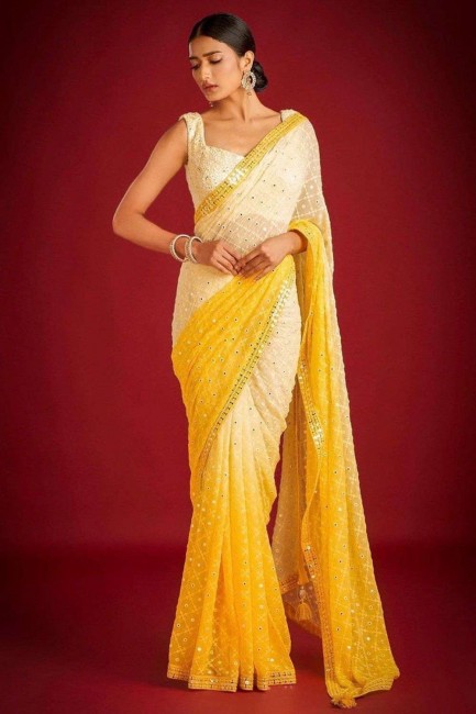 Faux georgette Yellow Saree in Sequins,embroidered