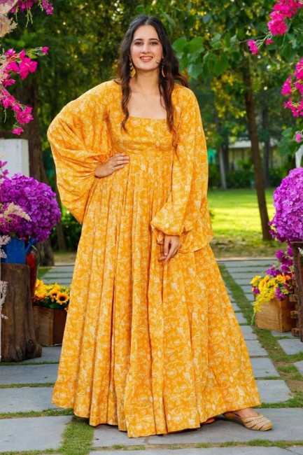 Yellow Gown Dress with Digital print Georgette