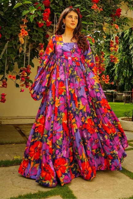Digital print Georgette Gown Dress in Multicolor 