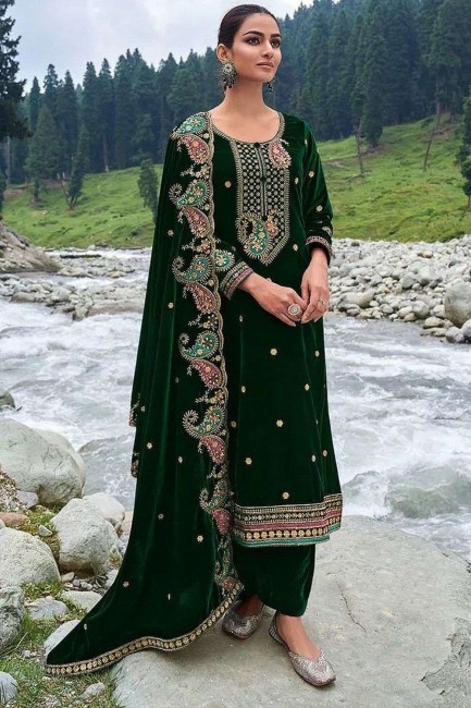 Velvet Green Palazzo Suit with Embroidered