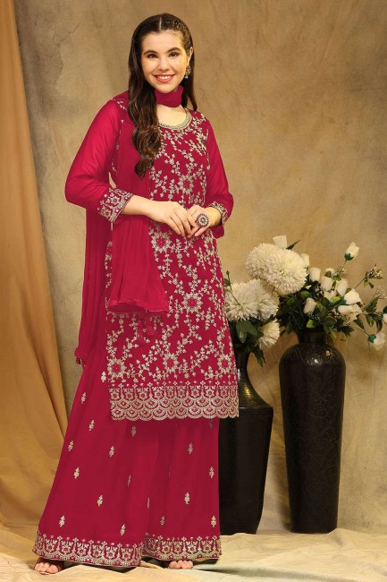 Red Embroidered Palazzo Suit in Georgette