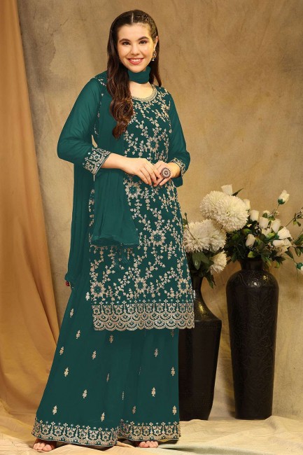 Georgette Aqua blue Palazzo Suit in Embroidered