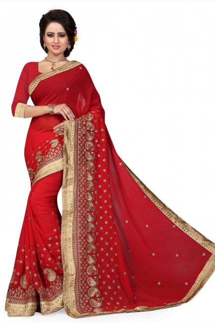 Red Saree Embroidered Georgette
