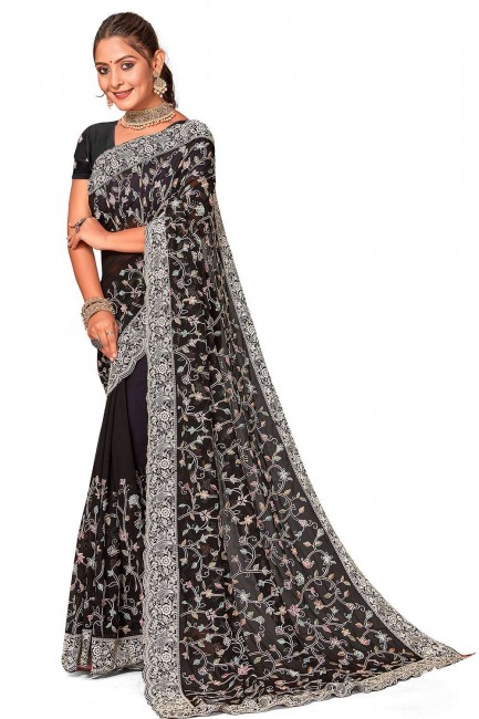 Saree in Black Georgette Embroidered